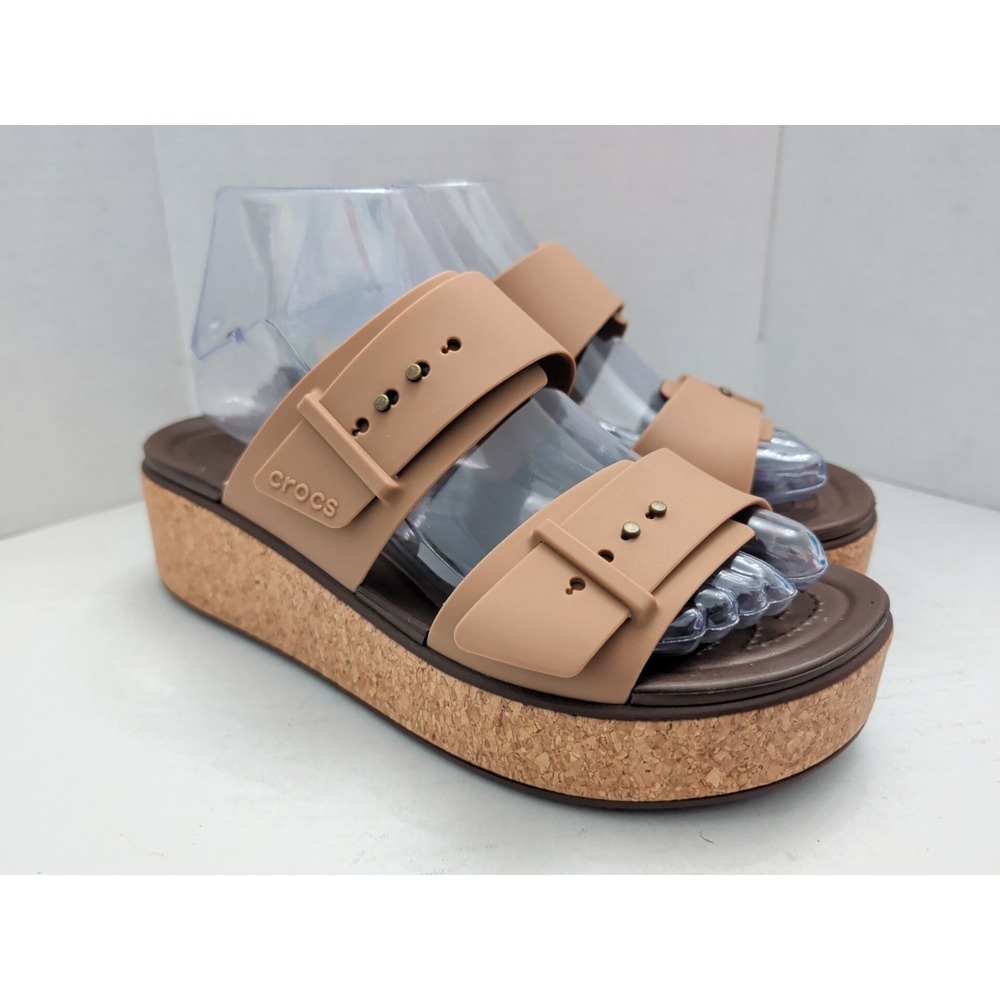 Crocs Women's Brooklyn Buckle Low Wedge Cork Sandals Latte/Milk Chocolate Sz 8